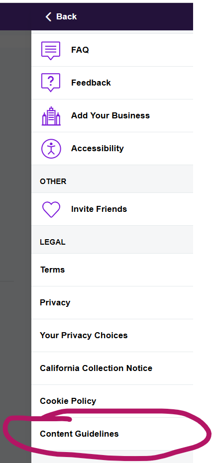 menu from wallethub website showing dropdown of faq, feedback, add your business, accessibility, other (section): invite friends, legal (section): terms, privacy, your privacy choices, california collection notice, cookie policy, content guidelines