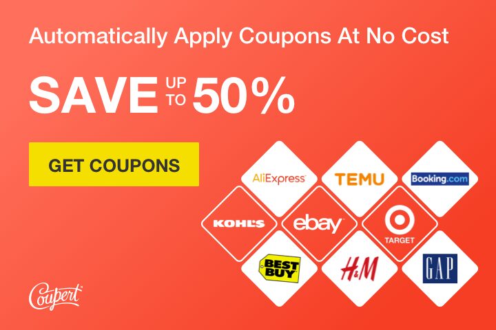 graphic of an ad by Coupert, a free browser extension that saves you money when shopping online, text reads automatically apply coupons at no cost, save up to 50 percent, get coupons; mini store icons for aliexpress, temu, booking dot com, kohls, ebay, target, best buy, h and m, gap