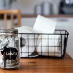 Savings jar with cash on a kitchen table next to a wire basket of toilet paper, showing practical habits for living frugally.