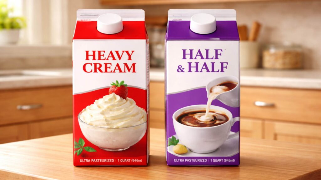 Two dairy cartons on a kitchen counter showing heavy cream beside half and half to compare cost and everyday cooking uses.
