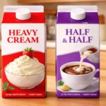 Two dairy cartons on a kitchen counter showing heavy cream beside half and half to compare cost and everyday cooking uses.