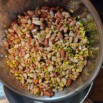 Rinsed mixed beans and lentils in a metal colander on a kitchen counter, representing simple, intentional frugal cooking at home.