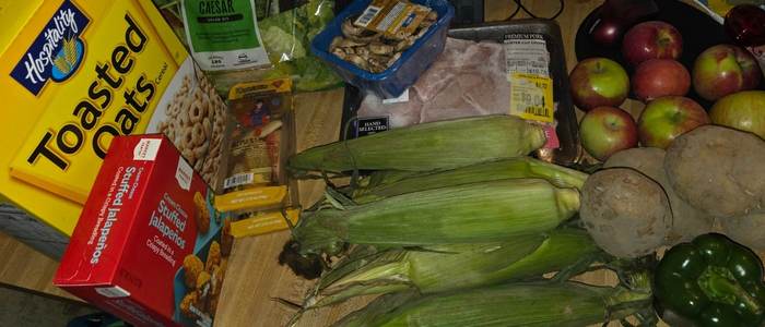 Assorted groceries including fresh produce, pantry staples, and packaged foods laid out on a kitchen counter, representing frugal living supported by community resources.