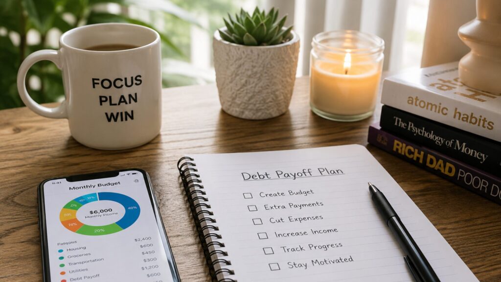 Hyperrealistic desk scene with a budgeting app on a phone, a notebook labeled debt payoff plan, a pen, coffee mug, candle, plant, and money books.