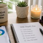 Hyperrealistic desk scene with a budgeting app on a phone, a notebook labeled debt payoff plan, a pen, coffee mug, candle, plant, and money books.